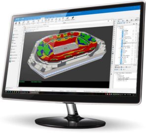 iBwave Design Software with a 3D model of a stadium on a computer monitor
