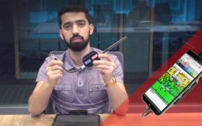 Person holding Epiq PRiSM SCanner and iBwave Mobile Survey on a smartphone