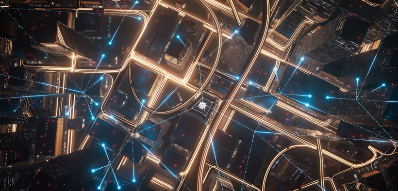 overhead photo of smart cities city street at night