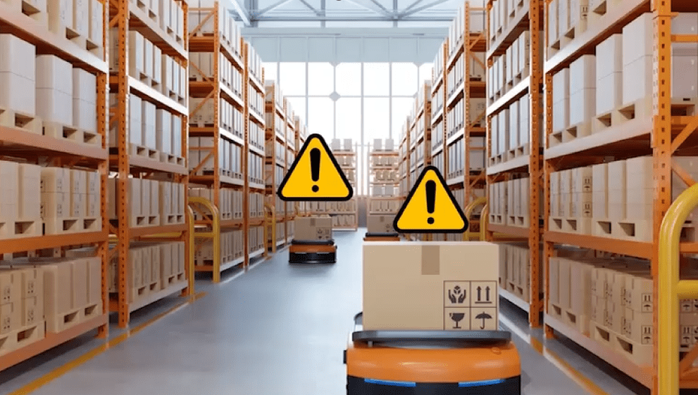 Autonomous robots carrying boxes in a warehouse facility