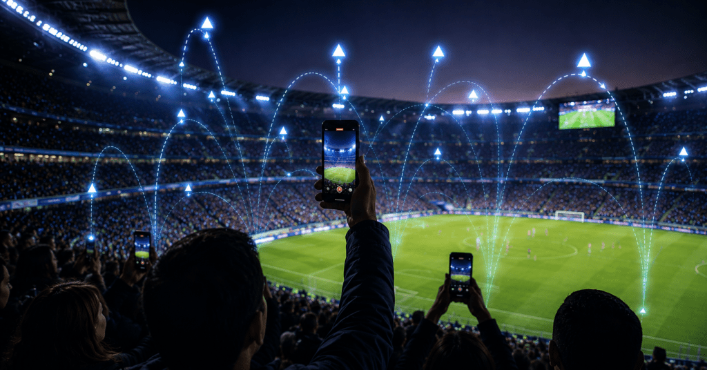 Fans uploading data at a stadium using phones