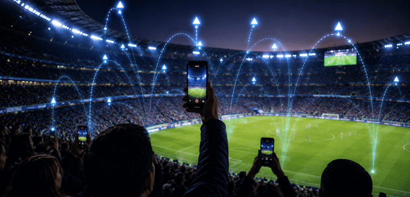 Fans uploading data at a stadium using phones